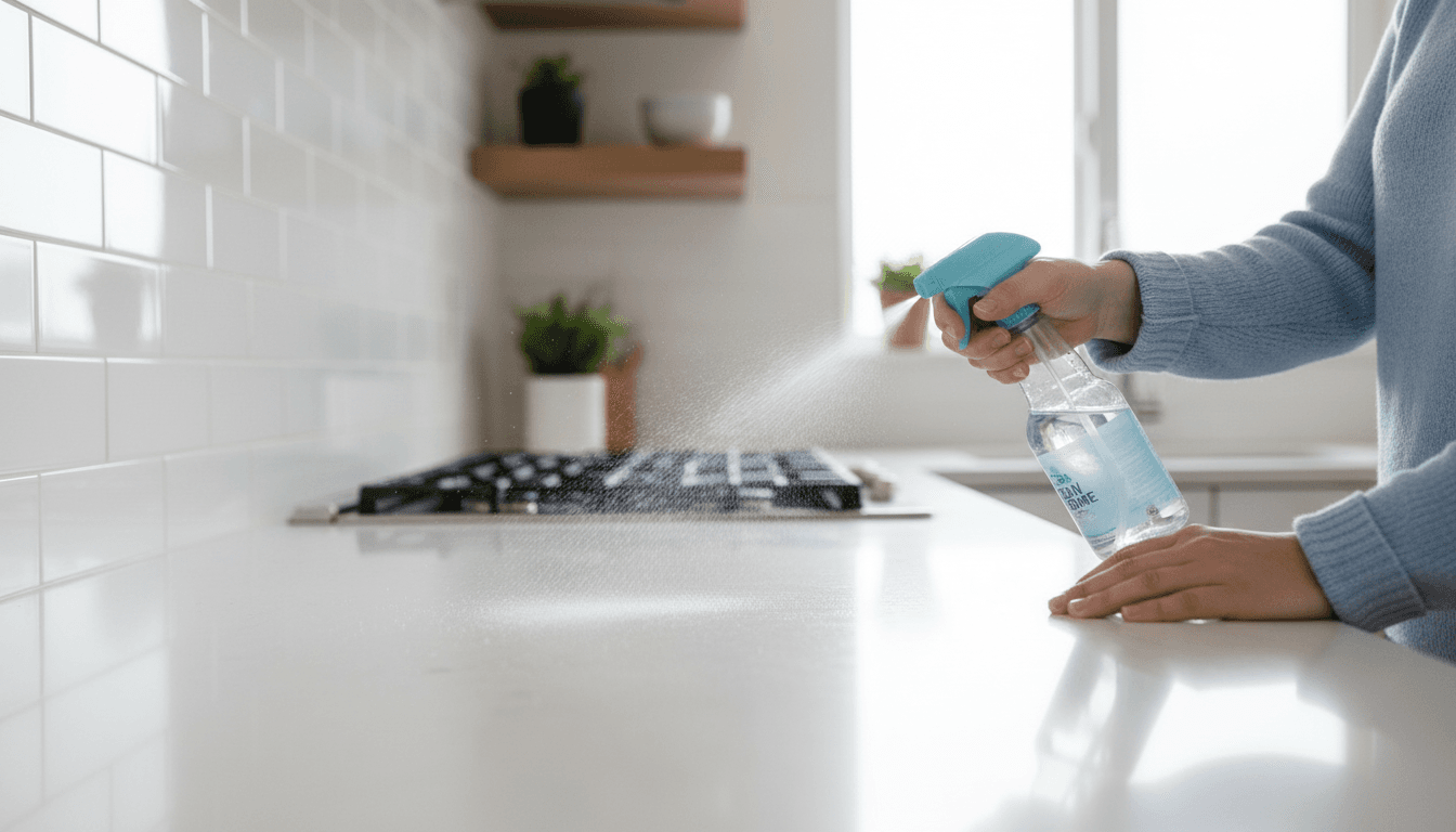 Cleaner wiping kitchen counter in bright apartment