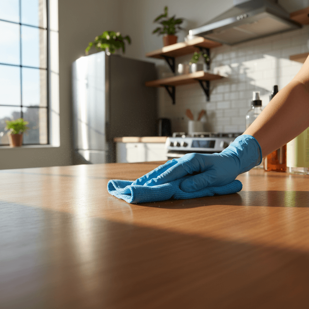 Cleaning a kitchen counter in an Airbnb