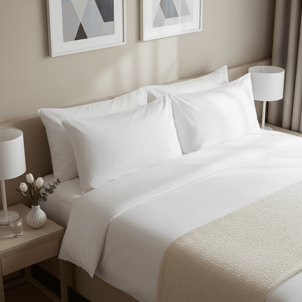 Clean apartment bedroom with made bed and fresh towels