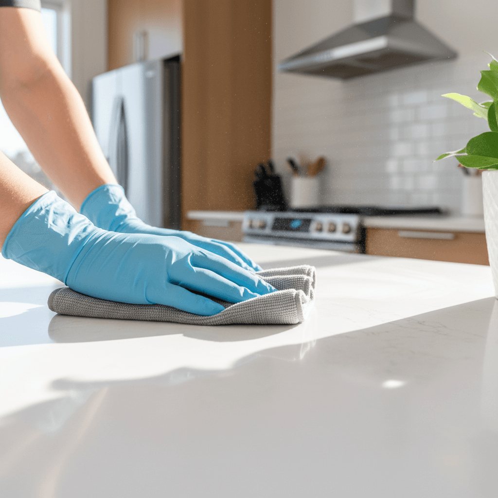 Cleaner wiping kitchen counter in Fresno apartment